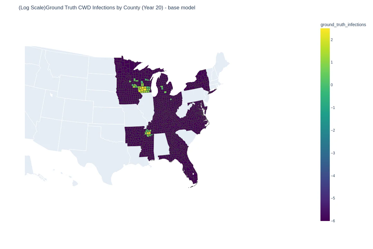 Ground truth CWD infections by county, year 20, log scale