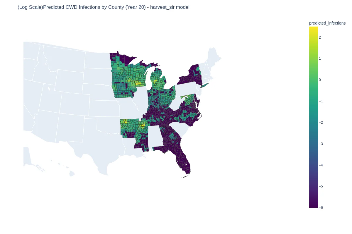 Predicted CWD infections by county, year 20, harvest+SIR model, log scale